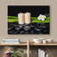 Zen Zen, plumeria et Zen basalte avec bambou et bougies allumées - reproduction de photo sur toile tendue-56324638