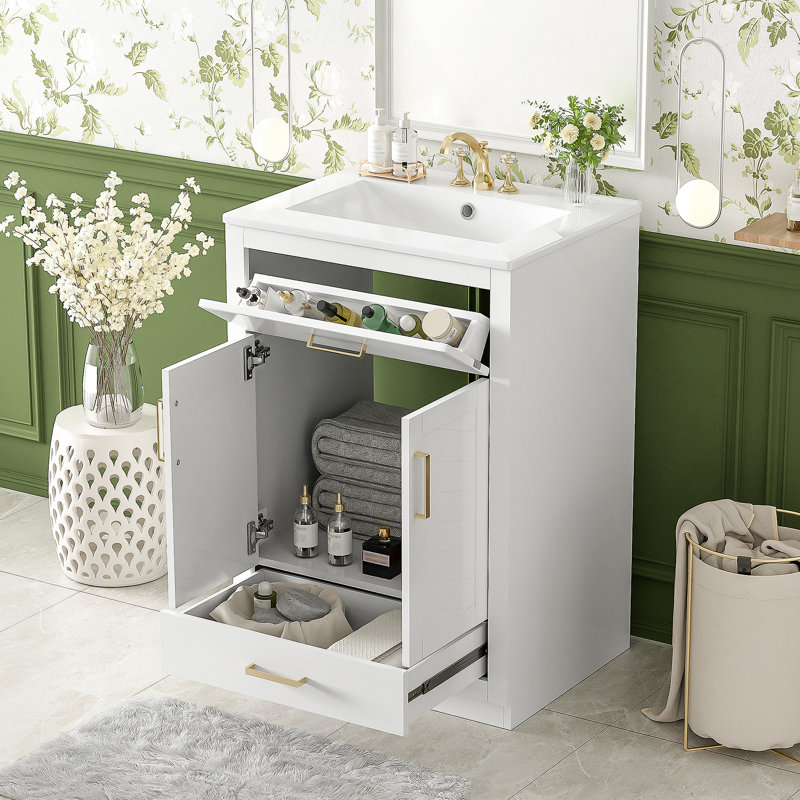Meuble-lavabo de 24 pouces avec lavabo en céramique intégré, rangement spacieux et conception moderne pour les petites et moyennes salles de bain