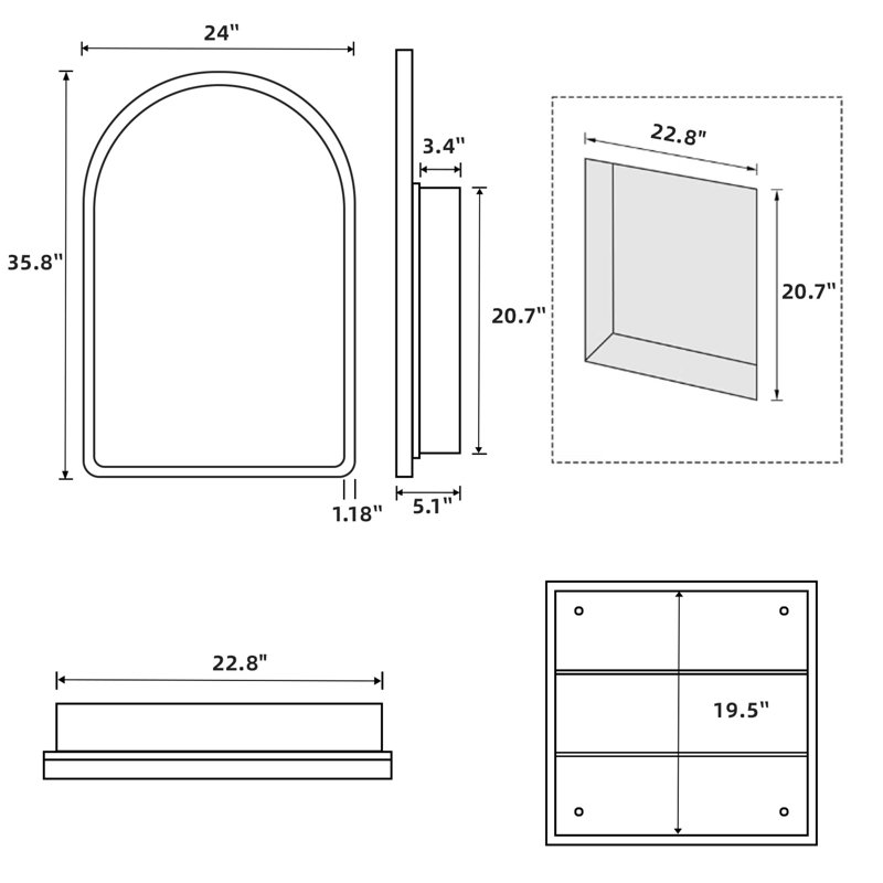 Pharmacie à arche encastrée ou à fixation en surface avec miroir et cadre en bois l 24 po x H 36 po, Noir