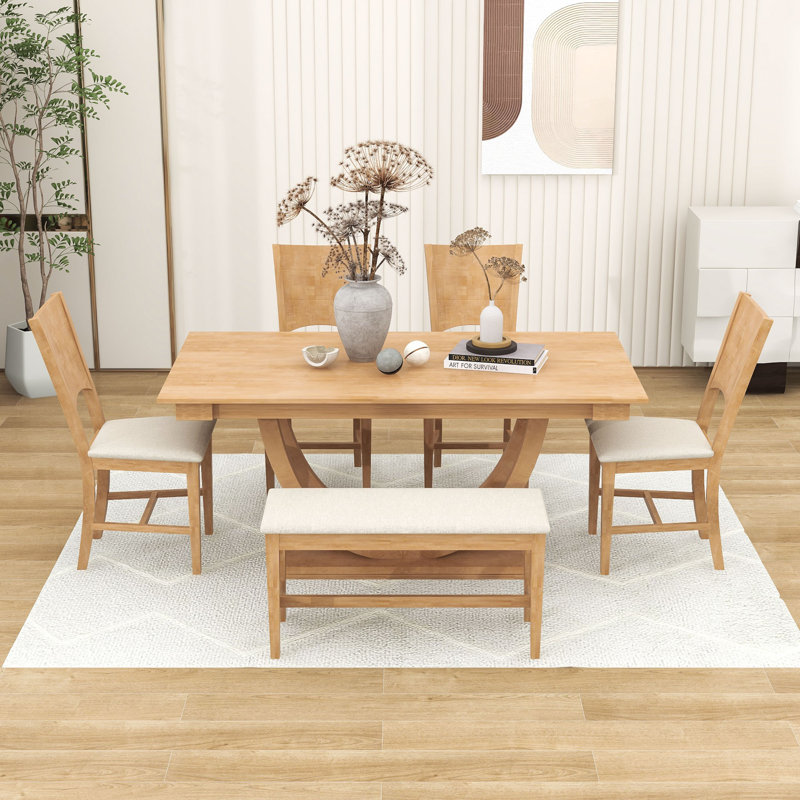 Burg 6 - Piece Pedestal Dining Set, Kitchen Table Set with Bench and 4 Dining Chairs, Natural
