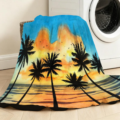 Jeté en flanelle bleue ultra douce, imprimé aquarelle tropical