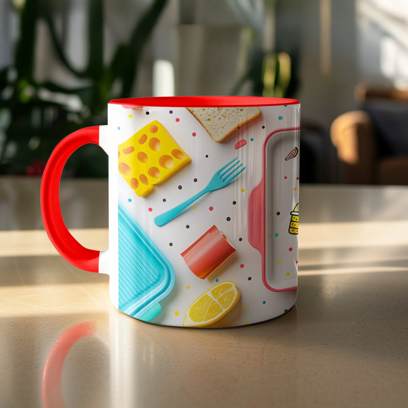 Kids Drawing Style 11oz Accent Mugs – Ceramic Coffee Cup with a Red Handle and Interior