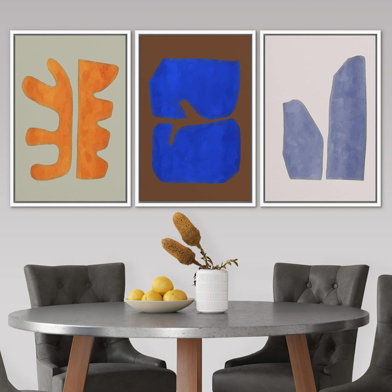 «Multicolor Mid-Century Modern Orange Blue», reproduction d'art encadrée sur toile 3 pièces, H 24 po x l 48 po x P 1,5 po