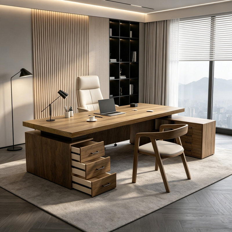 Bureau de direction en L en bois massif noyer clair avec tiroirs, Right Hand Return, 29.53" H x 78.66" W x 51.18" D