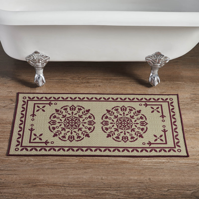 Custom House Tan Jacquard Polyester Bathmat, 17"W x 36"L, Burgundy