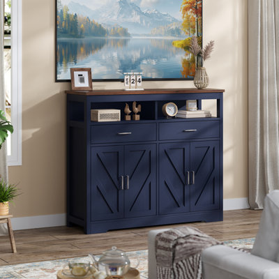 47" Farmhouse Buffet Cabinet with 4 Doors, Kitchen Storage Cabinet & Sideboard, Large Coffee Bar Cabinet with Adjustable Shelves for Dining Room, Entryway, Living Room, Buffet Sideboard, Blue