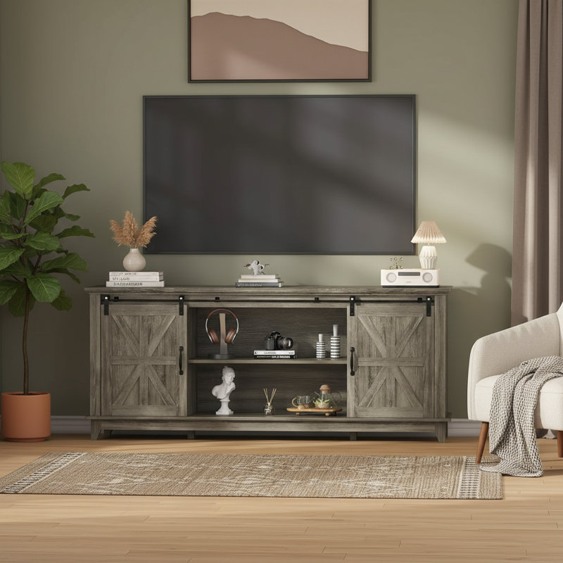 Meuble télé avec deux portes de grange et armoires de rangement, Gris clair