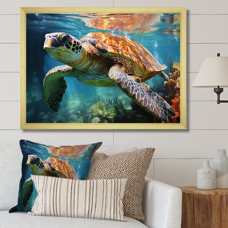 Tortue verte et bleue, animaux marins, art mural, H 30 po x l 40 po x P 1,5 po, Encadrement doré