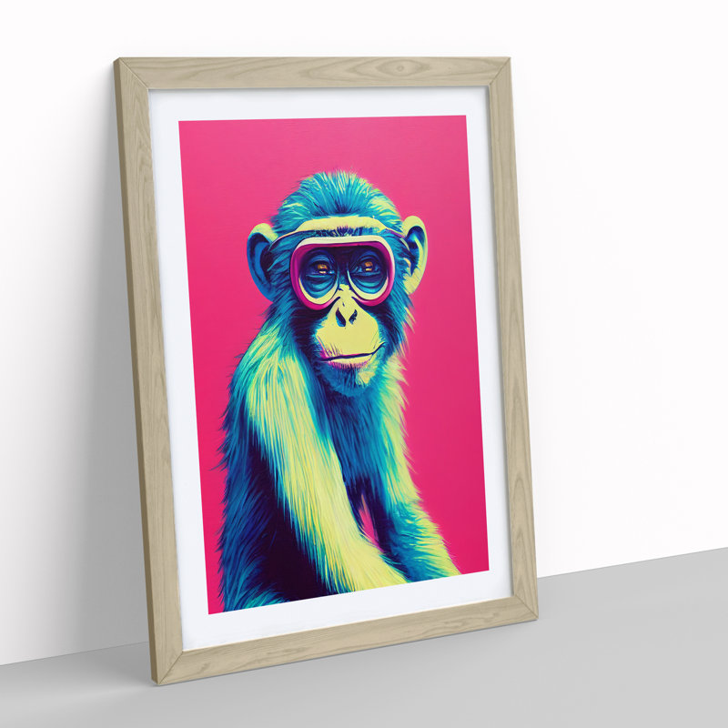 Colourful Monkey - Single Picture Frame Print, 64cm H x 46cm W x 2cm D, Oak