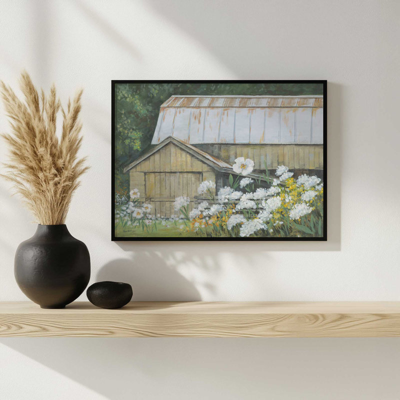 «Spring at the Old Barn» par Pam Britton, reproduction d'art, L 32 po x H 24 po, Blanc, Impression encadrée