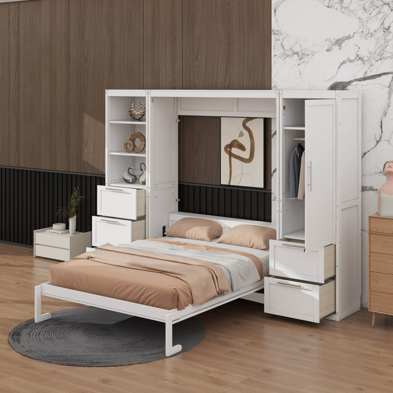 Grand lit escamotable avec tiroirs et tablettes, Blanc