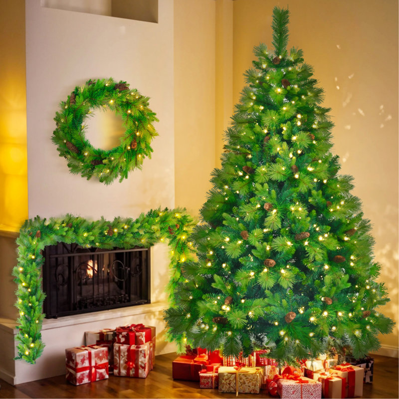 Arbre de Noël vert gazon, pin à grandes branches, ensemble pré-éclairé avec arbre, guirlande et couronne, arbre de Noël artificiel avec pommes de pin, arbre de Noël à charnières, pour la fête des Fêtes