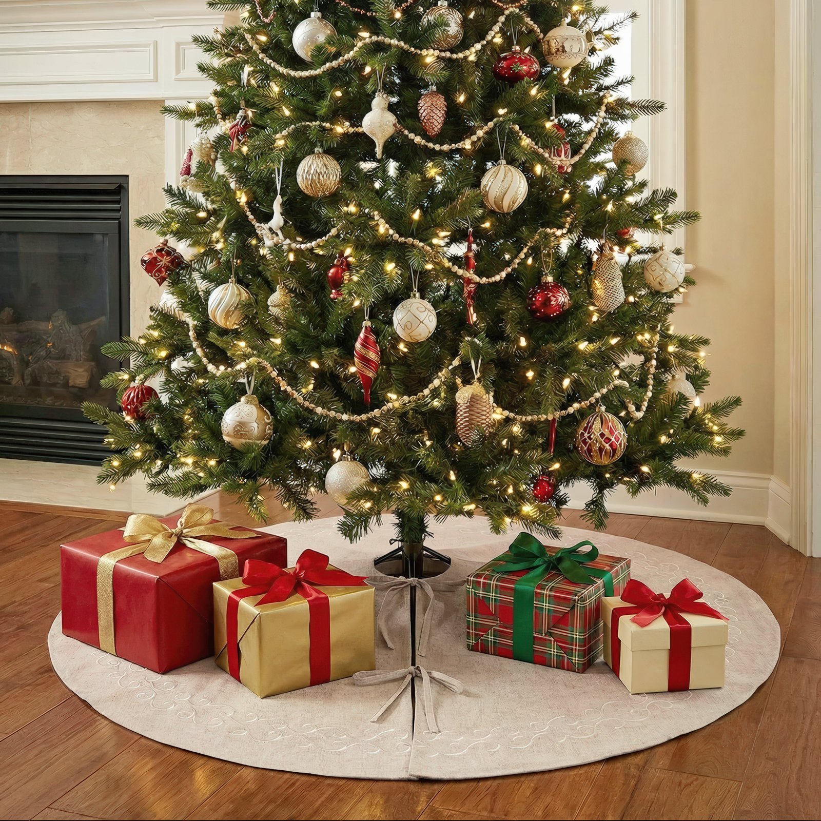 Embroidered Tree Skirt, 68" x 68", Beige