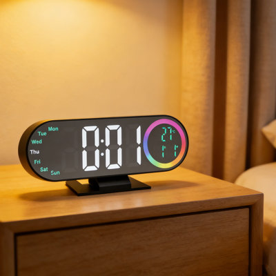 Digital Alarm Clock LED Large Display Loud Mirror Desk with 16 Color Night Light 3 Brightness Settings for Heavy Sleepers