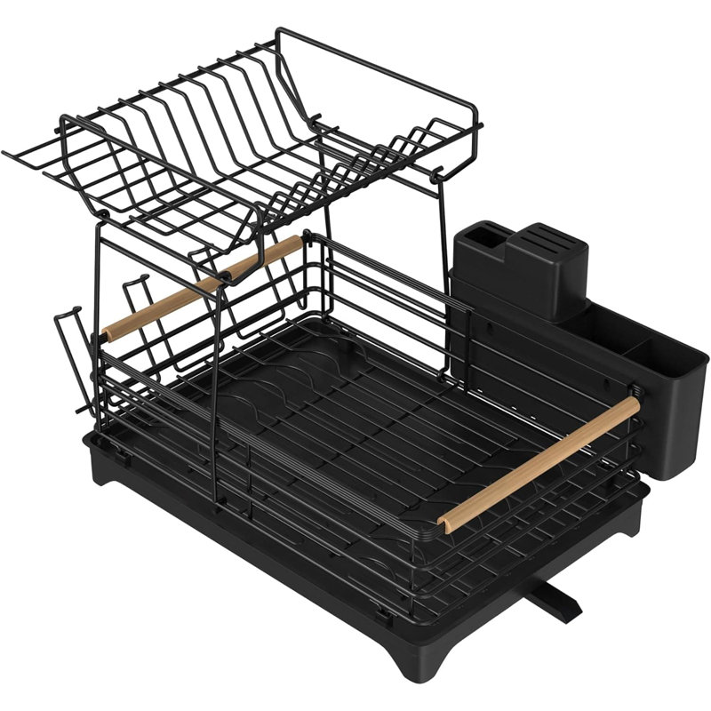 Égouttoir à vaisselle à 2 niveaux avec porte-couverts, égouttoir à vaisselle de grande capacité avec système de drainage automatique, organisateur de cuisine peu encombrant pour assiettes, bols, tasses et ustensiles
