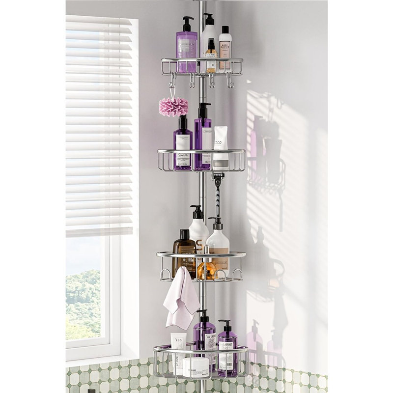 Corner Shower Caddy Tension Pole - Silver - 4-Tier Rustproof Stainless Steel Shower Organizer, Adjustable Floor-Standing Bathroom Shelves For Bathtub & Shampoo Storage
