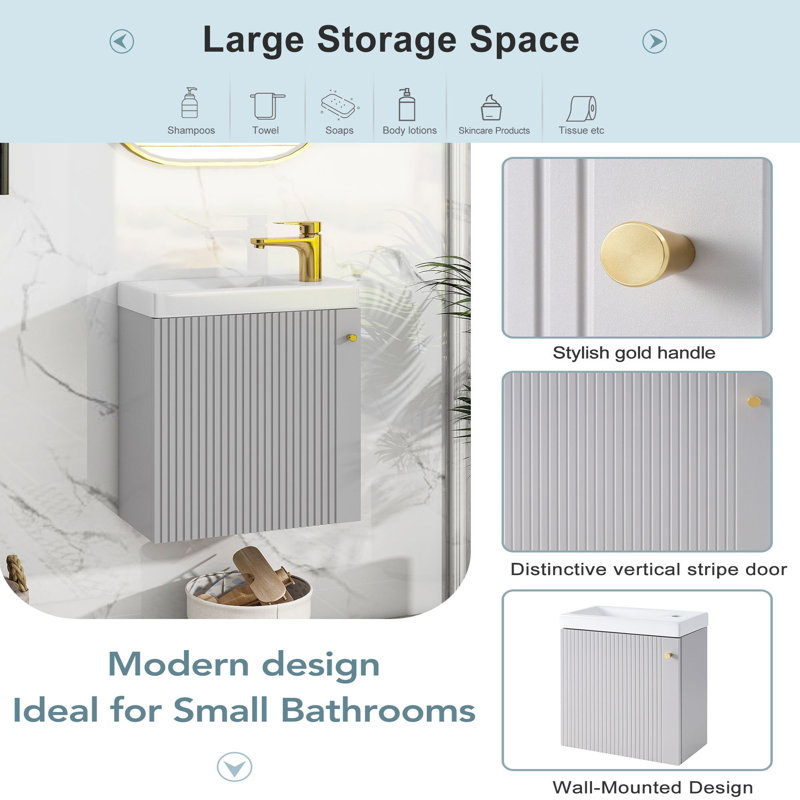 Meuble-lavabo mural avec lavabo en céramique, Gris