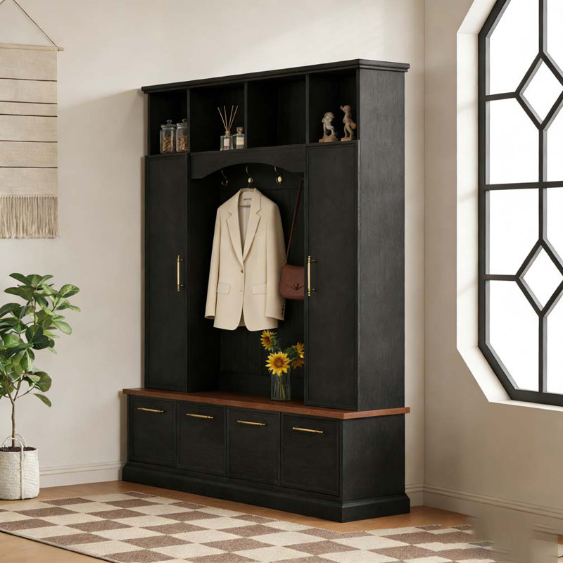 4-IN-1 Elegant 59" Wide Hall Tree with Golden Hooks & Handles, Black