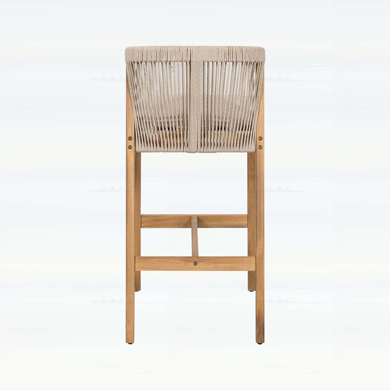 Ensemble de 2 tabourets d'extérieur en bois d'acacia au fini teck avec coussins beiges, durable et confortable pour le patio
