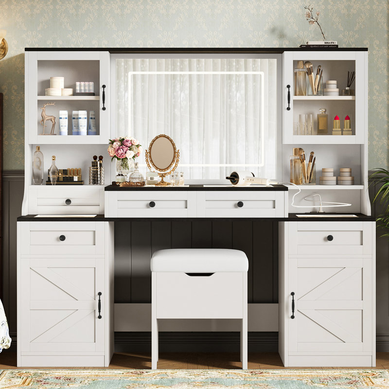 61.5" Farmhouse Vanity Desk With Mirror And LED Lights