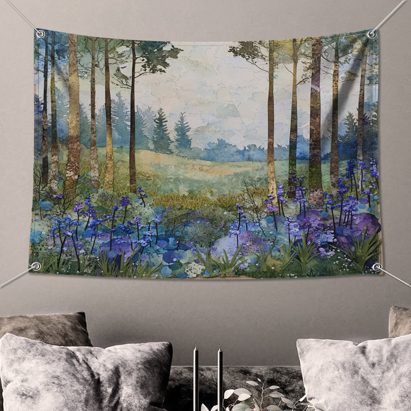Forest Landscape With Wildflowers Wall Tapestry - Landscape Wall Decor, 68in H x80in W with 4 Grommets