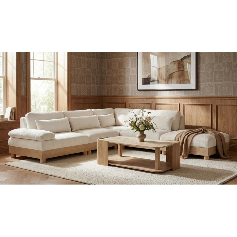 Canapé modulaire 5 pièces en tissu chenille 120 po Turin, Tissu chenille crème, Orienté à droite, Naturel