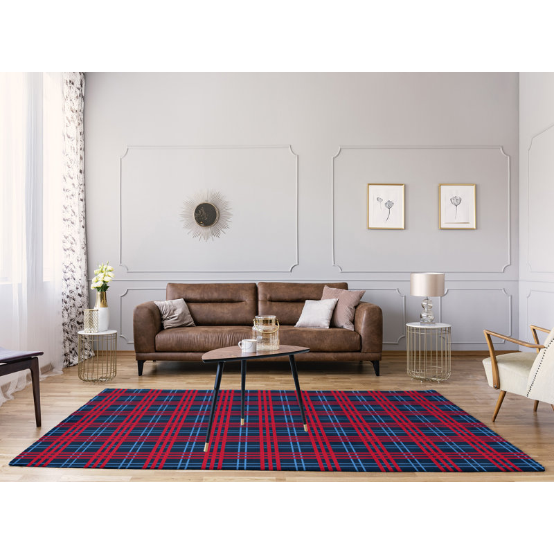 Handmade Plaid Area Rug – Blue, Red, and White with Non-Skid Backing, Made in USA, Rectangle 5' x 7'
