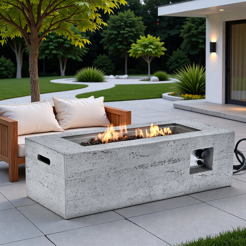 Mgo Propane Outdoor Rectangular Fire Pit With Side Cutout Handles, Steel Burner, Adjustable Flame Control, Lava Rocks And Rain Cover