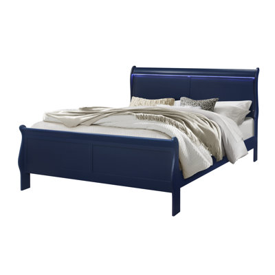 Lit simple bleu avec cadre à DEL de style moderne et transitionnel, bois massif et bois de remplissage, bois d'hévéa, profondeur de 73,61 po, largeur de 40,96 po, hauteur de 47,53 po, l 68,04 lb, sommier requis, éclairage de cadre de chambre à coucher, style,