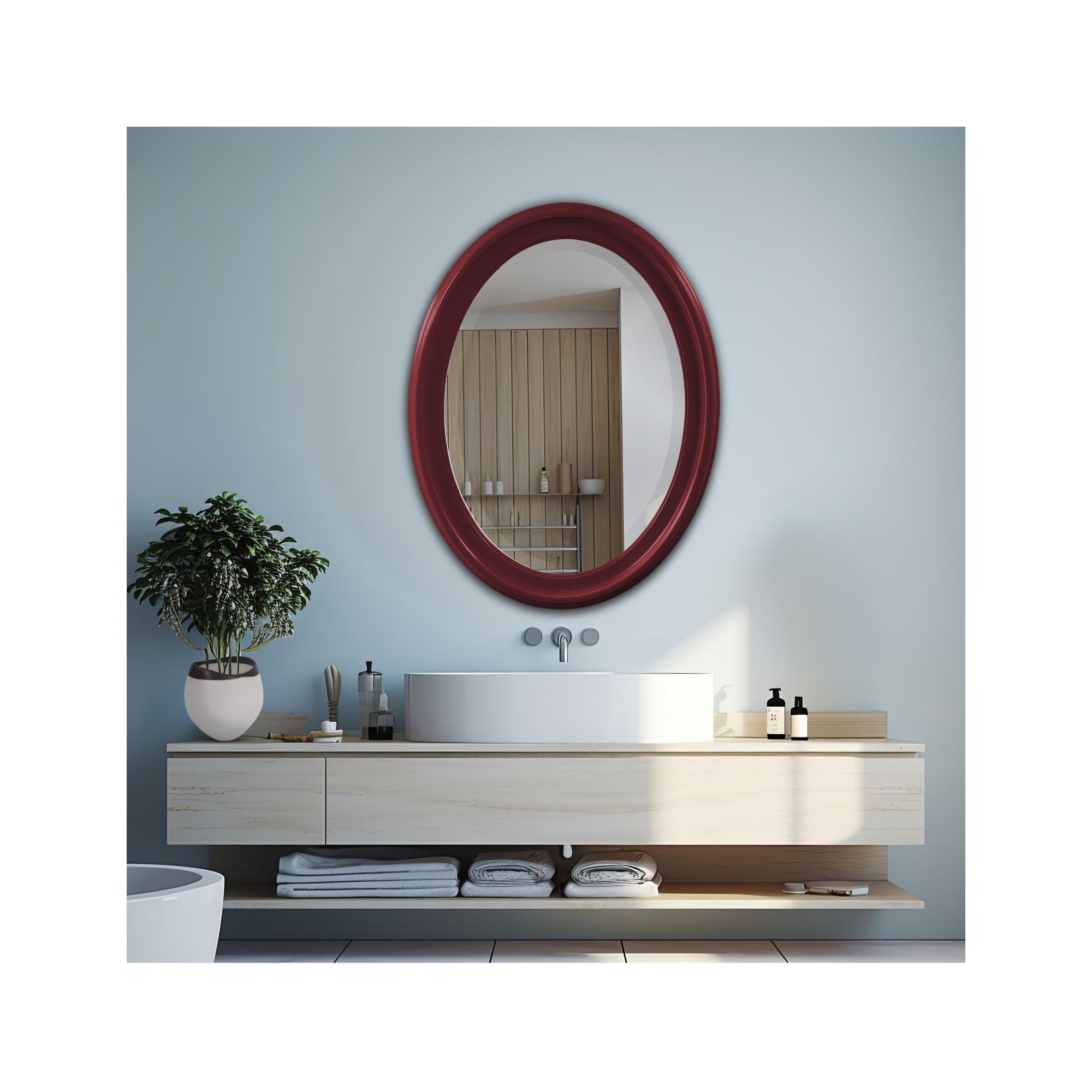 Borna Solid Wood Oval Mirror, Burgundy