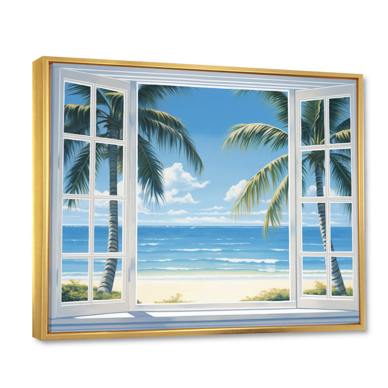 Oceanview Through Open White Window I - Print on Canvas, 30" H x 40" W x 1.5" D, Gold Floater Frame