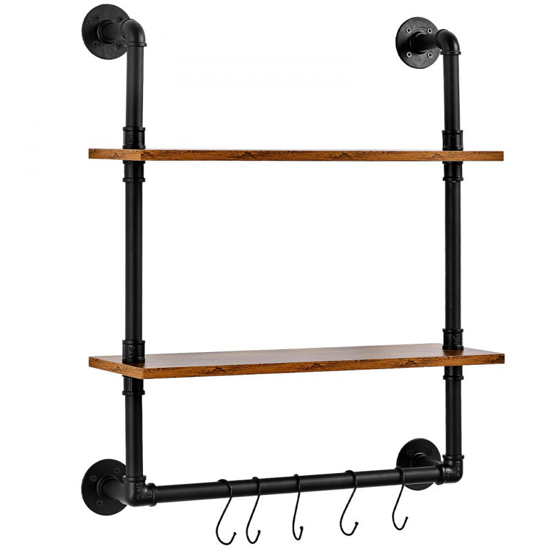 Black and Brown Industrial Steel and Wood Wall-Mount Accent Shelf
