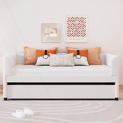 Modern Twin Size Upholstered Daybed With Ergonomic Design Backrest And Trundle