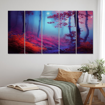 Magical Moonlight Shining Through Misty Trees IV - Forest Wall Decor - 5 Equal Panels