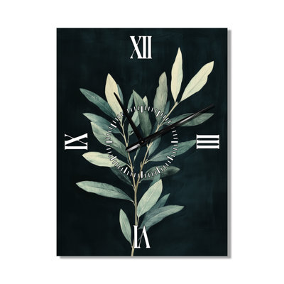 Olive Branch après la tombée de la nuit I - Horloge murale en métal noir de style Japandi