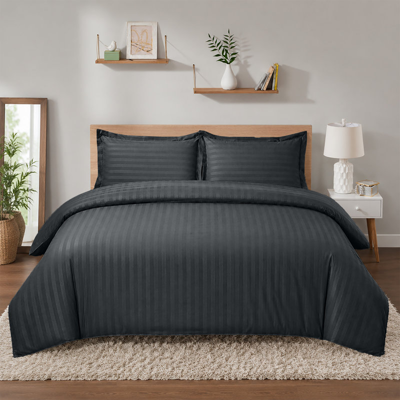 Imperial Homeware London Microfiber Striped Duvet Cover Set with Pillowcases, Charcoal