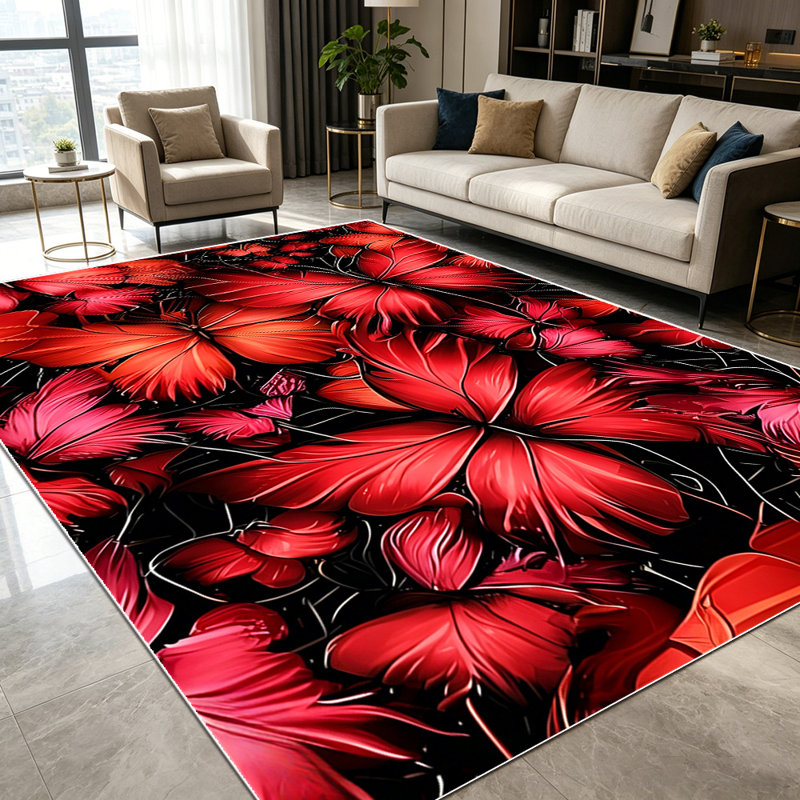 1PC Vintage Dark Red Hibiscus Floral Geometric area rugs for Living Room, Soft and Comfortable, Suitable for all seasons, easy-to-maintain, machine washable Indoor floor mat, Under Table Farmhouse suitable for dining table, bedroom, entryway,