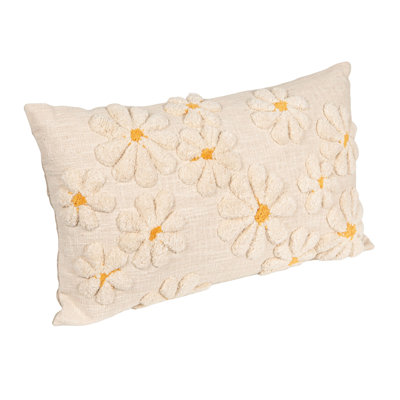 Cotton Slub Lumbar Pillow With Tufted Flowers