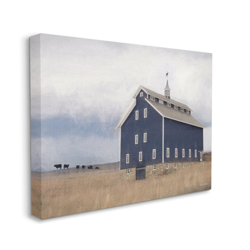 «Blue Farm Barn Landscape, Grazing Cloudy Sky» par - ferme, impression, H 36 po x l 48 po, Toile tendue