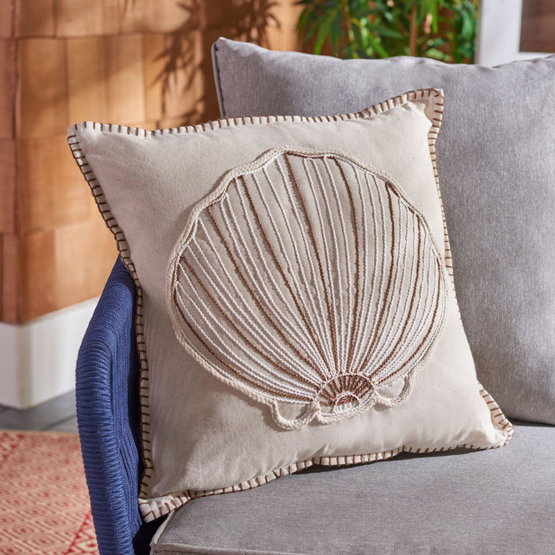 Natural Beige Seashell Embroidered Cotton 18" Throw Pillow