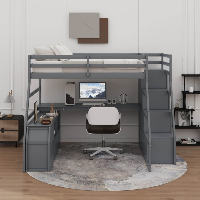 Lit mezzanine double avec tiroirs et bureau, Gris, Lit double