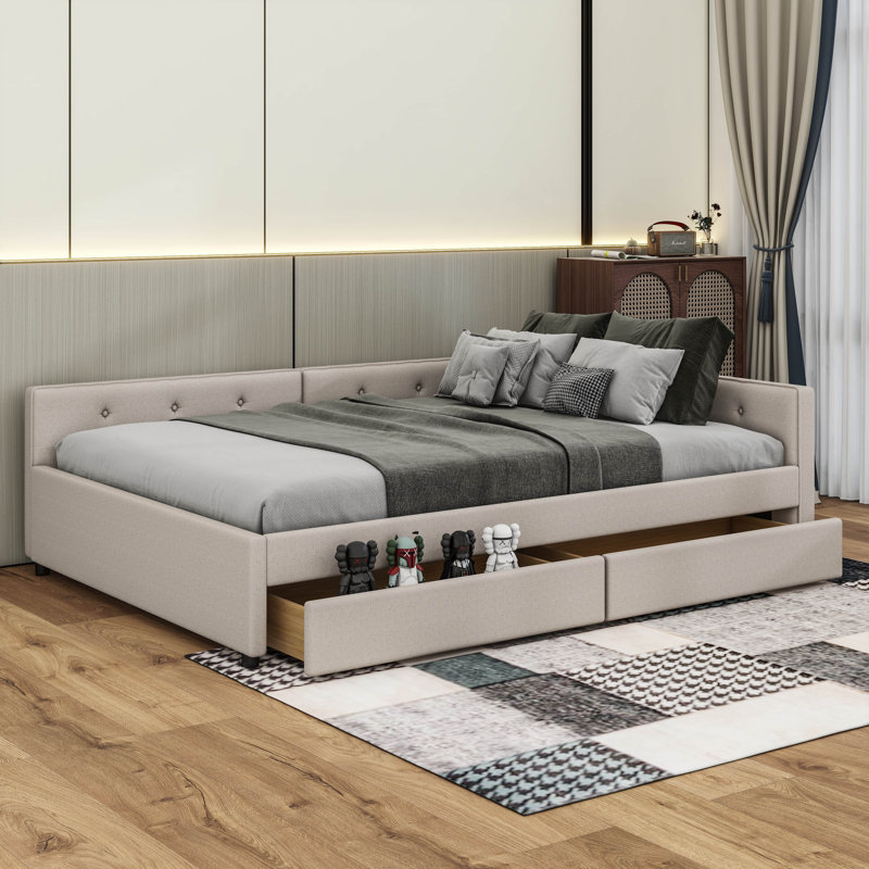 Full Size Upholstered Platform Bed With USB And 2 Drawers