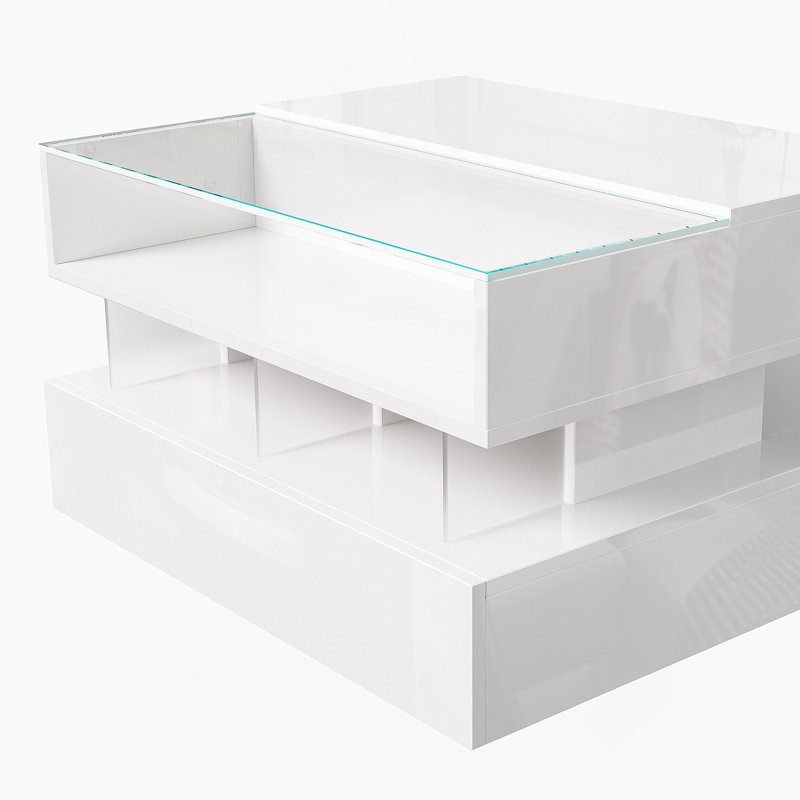 Table basse, blanc ultrabrillant, table d'appoint, table basse avec verre et effet DEL, avec tiroir de rangement, Blanc