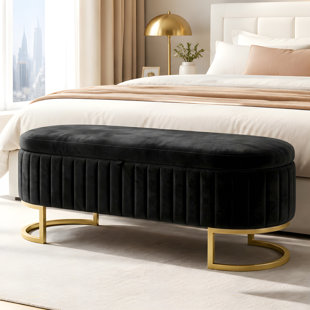 Velvet Oval Upholstered End of Bed Bench with Golden Metal Legs, 46' Modern Tufted Storage Ottoman Bench for Bedroom, Living Room, Entryway, Window