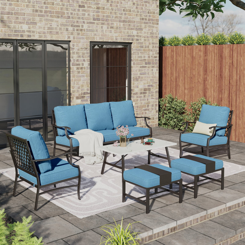 Asfand 5-7- Person Patio Conversation Set with Optional Ottoman, Denim Blue, Yes
