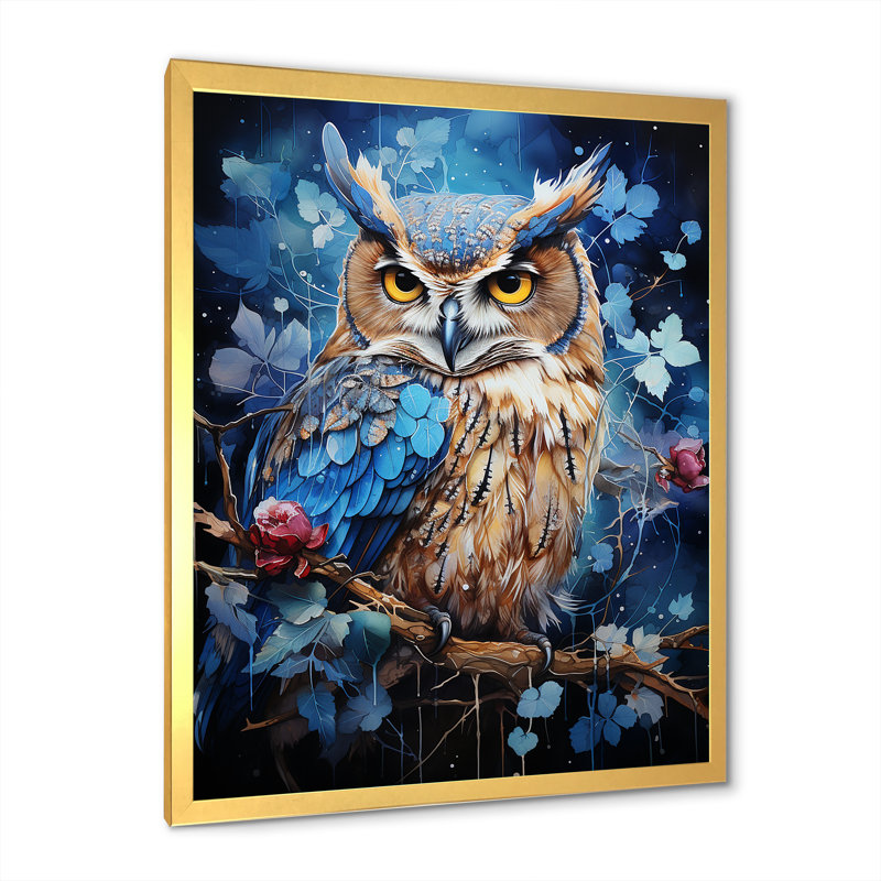 Chouettes bleues au clair de lune I, H 32 po x l 16 po x P 1 po, Encadrement doré
