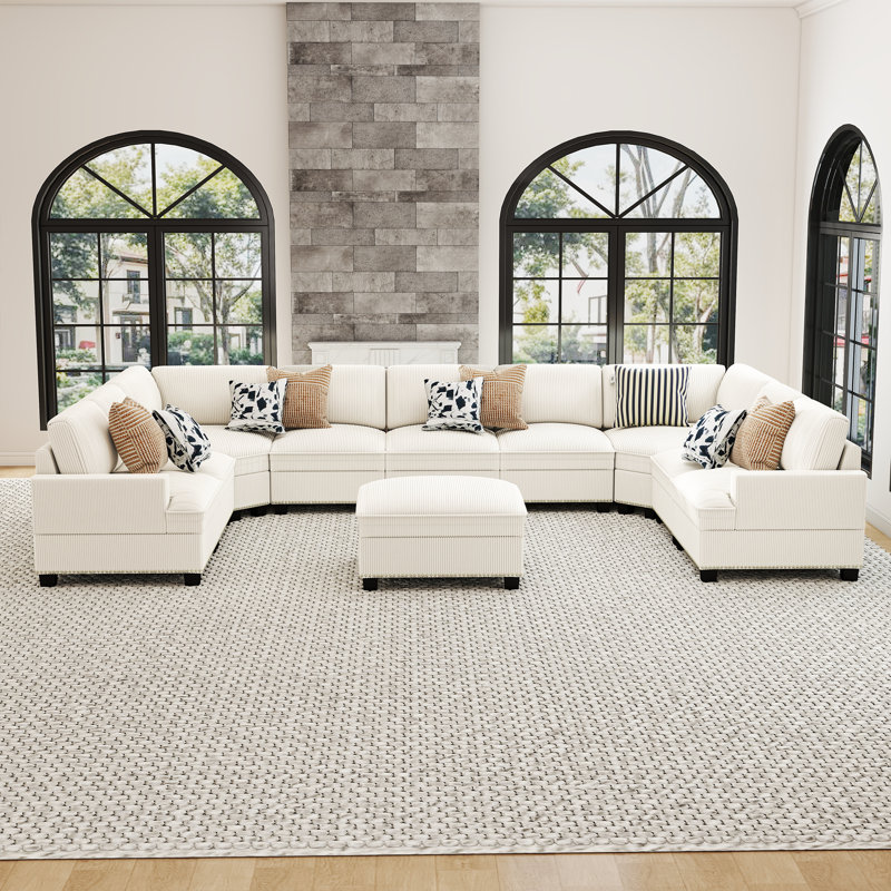 Spacious 10-Piece U-Shaped Corduroy Nailhead-Trimmed Sectional Sofa, Cloud Couch With Ottoman, Beige Corduroy