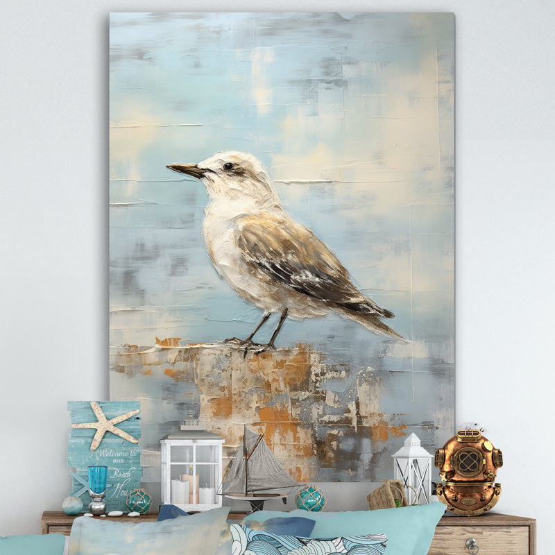 Beige et bleu mouette tranquillité sur toile, Toile tendue, H 32 po x l 16 po x P 1 po