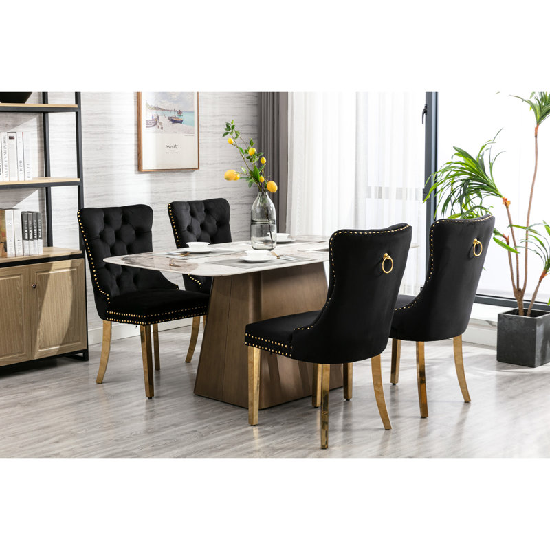 2Pcs Velvet Upholstered Modern Dining Chairs, Black With Golden Stainless Steel Legs, & Nailhead Trimmed, A&A Furniture Contemporary Chair Pair, And