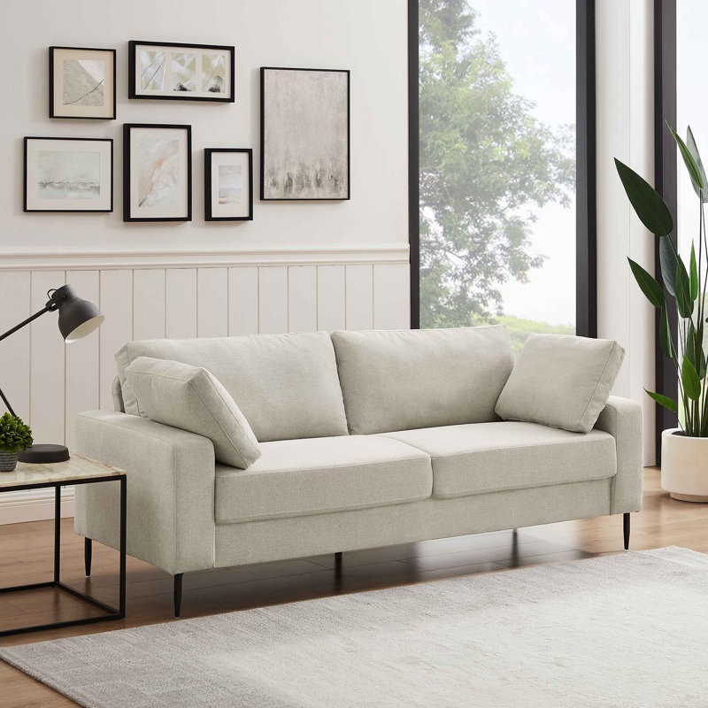 Tabitha 84.3" W Square Arms Sofa with Metal Legs and Button Tufting, Off White Linen Blend